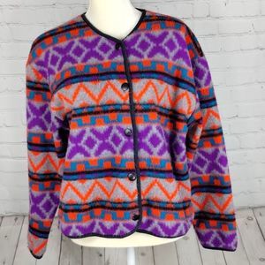 David Wayne Vintage Vibrant Color Pattern Fleece Button Down Cardigan